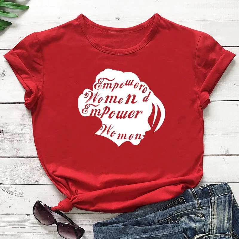 red tee white text Женская графическая футболка Hipster мощная феминистка Женская винтажная рубашка гранж Хлопковая женская футболка гранж Цитата Топ - Цвет: red tee white text