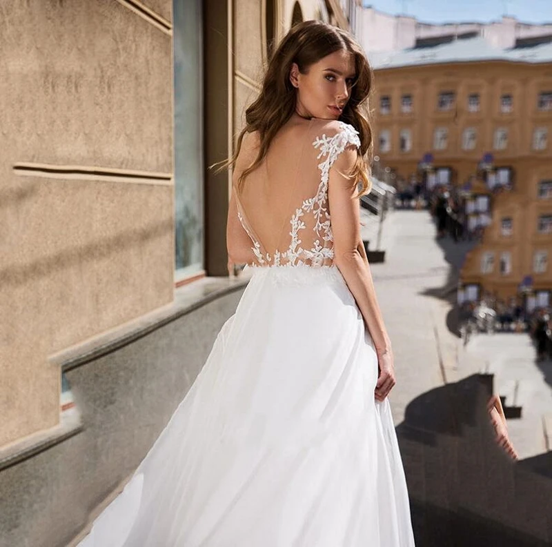 

9833#Simple Chiffon Cap Sleeve Wedding Dresses 2021 Vintage V-neck Bride Dress Slit Dress Backless Custom Made