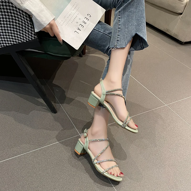 

Rhinestone Sandals 2021 Women's Clear Heels Med Suit Female Beige All-Match Espadrilles Platform Buckle Ladies Shoes Summer New