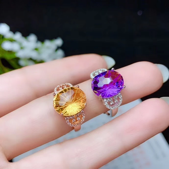 

BIG SIZE PURPLE AMETHYST/YELLOW CITRINE GEMSTONE RING FOR WOMEN JEWELRY REAL 925 SILVER ROUND NATURAL GEM COUPLE RING DATE GIFT