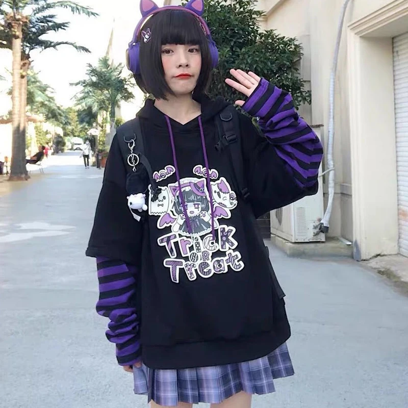 

Autumn New Cute Hoodies Women Cartoon Print Black Kawaii Hoodies Harajuku Student Goth Sweatshirt Street Wear Mujer Pullovers