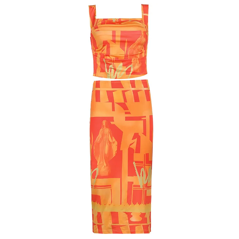 

2021 Summer Fashion Street Hot Girl Short Umbilical Vest Printed Split Long Skirt Suit Two-piece Female