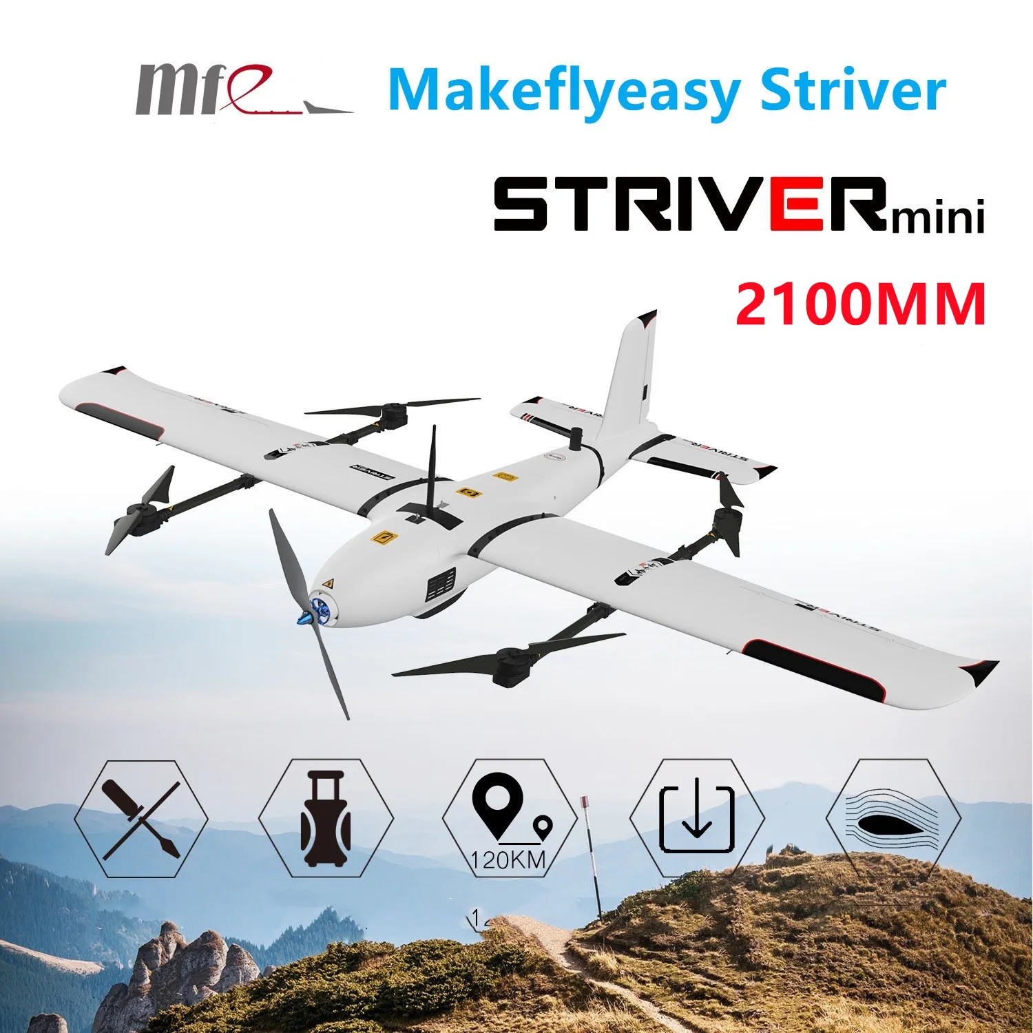 

Makeflyeasy Striver mini 2100mm VTOL 4+1 Version Aerial Survey Carrier Fix-wing UAV Aircraft Mapping VTOL RC FPV Airplane