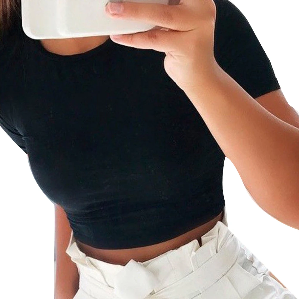 Женский пикантный однотонный топ с коротким рукавом и круглым вырезом летний