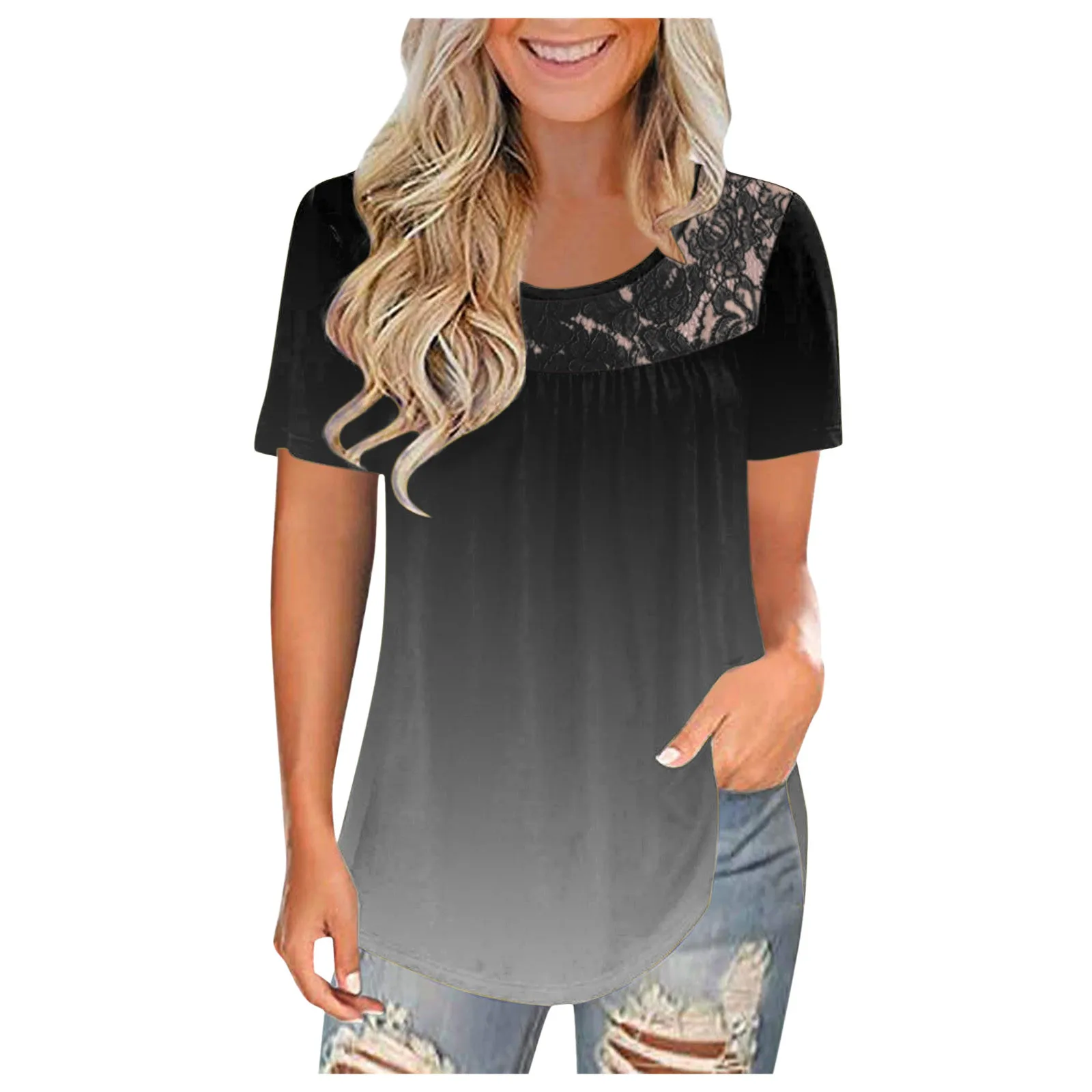 

Summer Short Sleeve Shirt Chiffon Women Blouse Women's Clothing Splicing Lace Printing O-neck Loose Women's Tops Blusas 2021 New