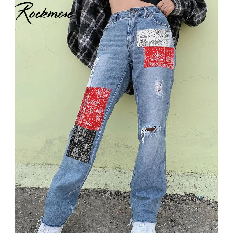 

Rockmore Patchwork Ripped Jeans Vintage High Waist Baggy Holes Pants Boyfriends Y2K Aesthetic Denim Distressed Trousers Women
