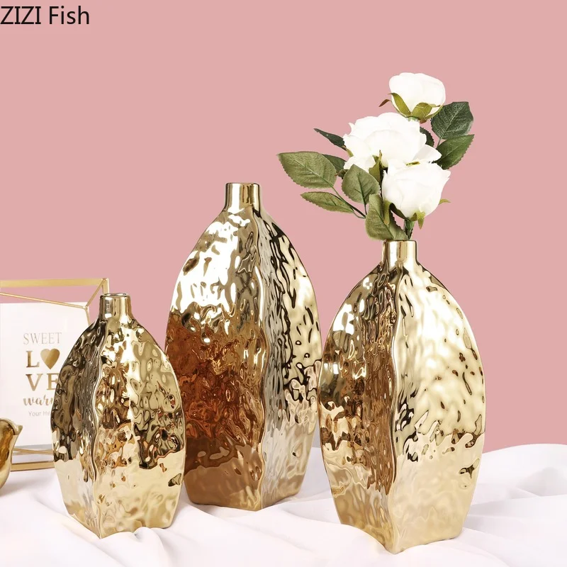 

Electroplating Golden Ceramic Flower Vase Flower Arrangement Plant Pots Decorative Abstract Irregular Hydroponic Vase Home Decor