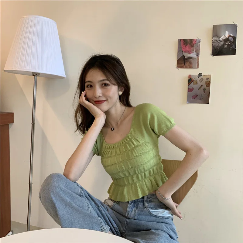 

Женский свитер с коротким рукавом, Новинка лета 2020, Облегающая рубашка с коротким дном, женские топы