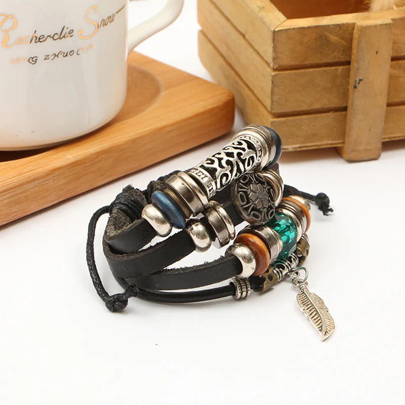 Женский и мужской браслет в стиле панк из кожи с синими кристаллами листьями