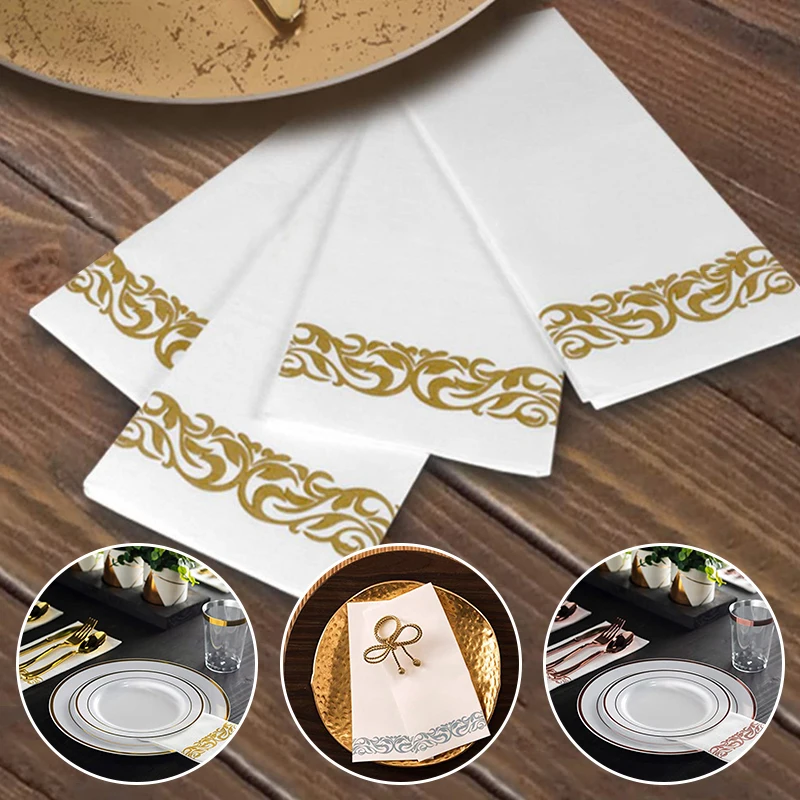 10Pcs Disposable Hand Towels Table Paper Napkins Elegant Tissue Vintage Towel White Foil Gold Birthday Wedding Party Home Decor - купить по
