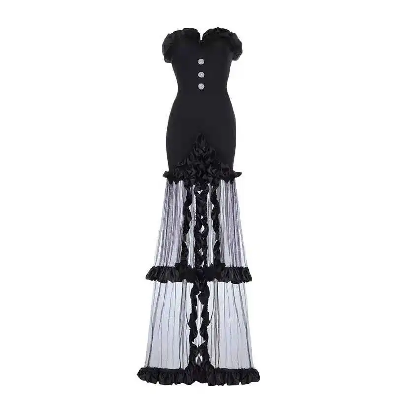 

DEAT Women Black Asymmetrical Ruffles Patchwork Gauze Dress New Strapless Sleeveless Slim Fit Fashion Tide Summer 2021 7E0047
