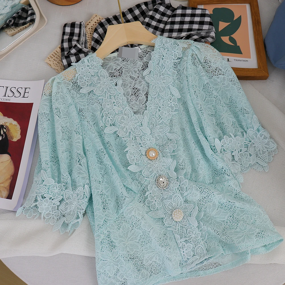 

Sweet Elegant Clothing Women Lace Patchwork V-neck Single-Breasted Shirt Short Puff Sleeve Vintage Various Buttons Top