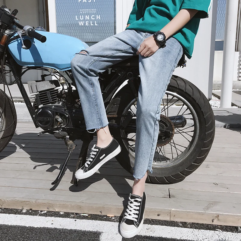 

Hong Kong Spring Summer pants men's all-match straight pants Korean fashion ankle-length pants loose hole jeans