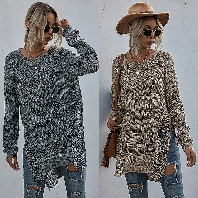 

solid Color Long Sleeved Round Neck Hollowed Out Knitted Forest Sweater 21-1171