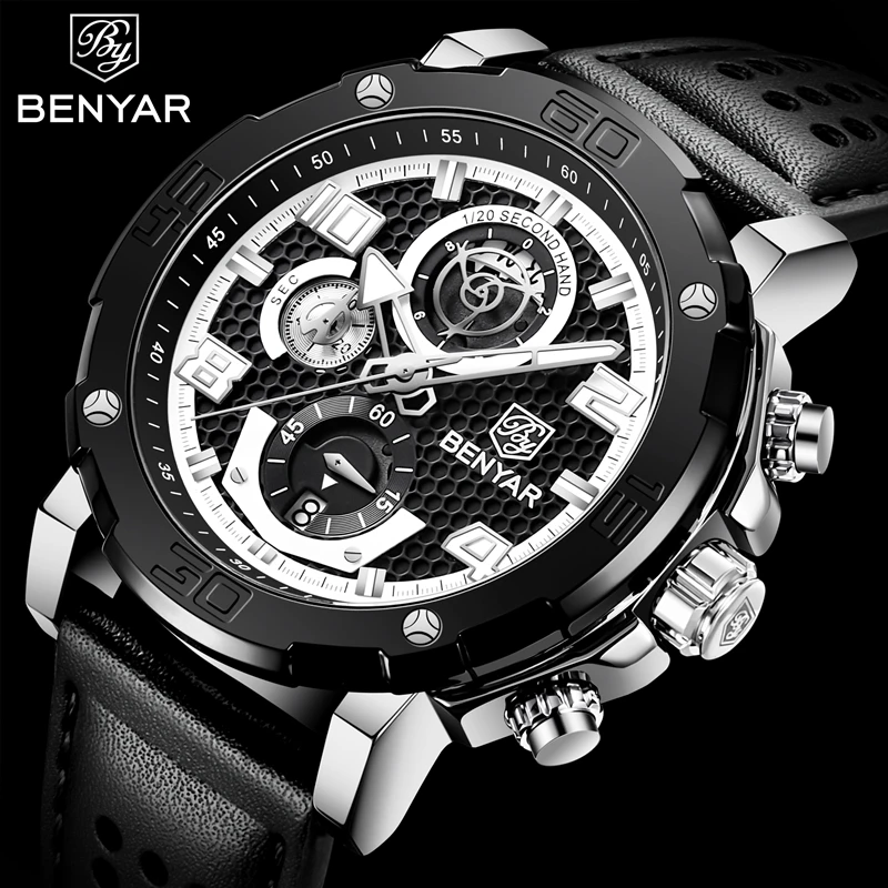 

BNEYAR Top Brand Chronograph Men Watch Waterproof Stainless Steel Men Quartz Wristwatches 48mm Large Dial Leather Military Watch