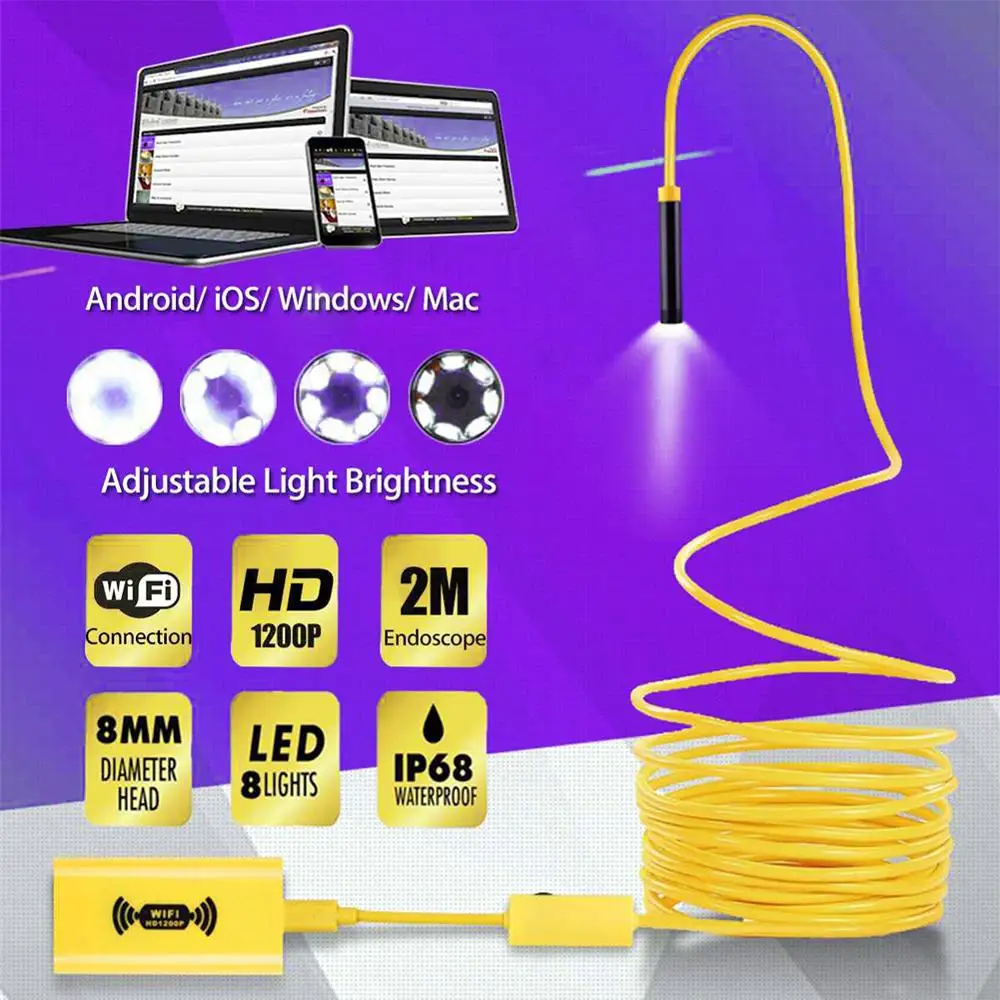 WIFI эндоскоп камера 1 10 м HD 1200P 8 мм LED мини Водонепроницаемый Жесткий кабель