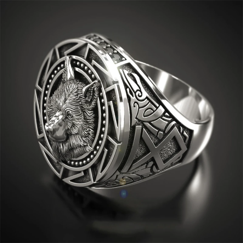 

Men's Vintage Wolf Totem Silver Ring Nordic Mythology Viking Warrior Wolf Head Men's Ring Jewelry Festival Gift
