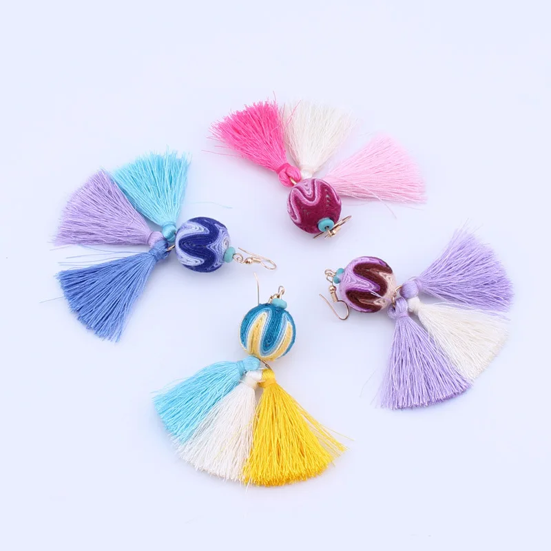 

New fashion ethnic style retro long silk thread tassel hand-wound ball earrings