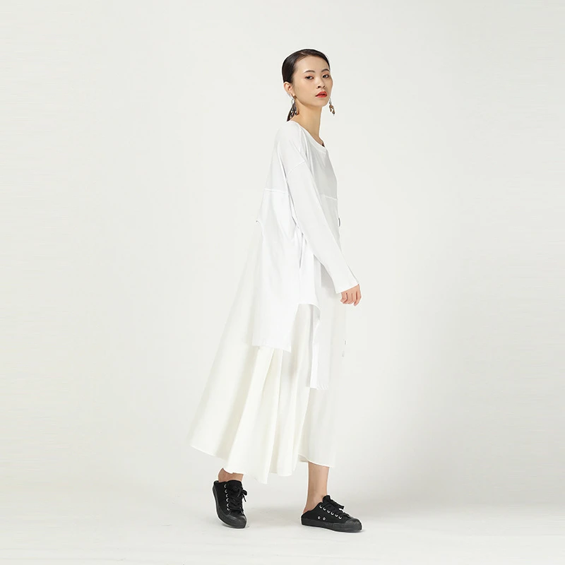 CHICEVER Korean Patchwork Hollow Out Women's Dress O Neck Long Sleeve Oversize Loose Irregular Midi Female 2020 Fashion | Женская