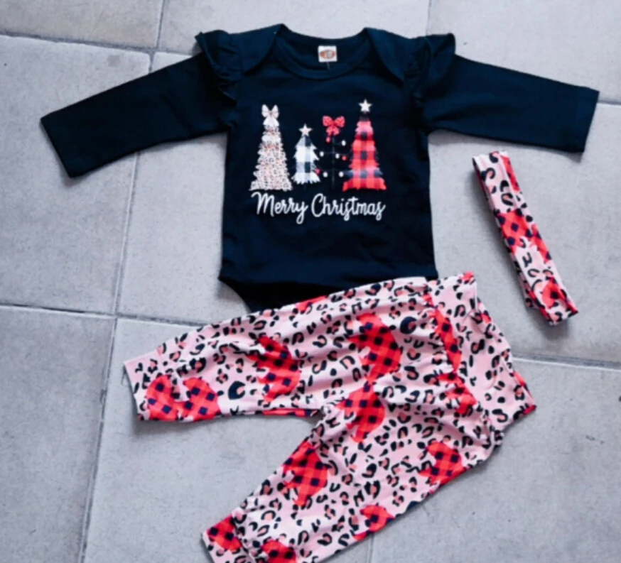 

2020 Christmas Toddler Girls Clothes Baby Girl Ruffles Long Sleeve Romper Leopard Pants Trousers Outfit Xmas Girls 3PCS Set