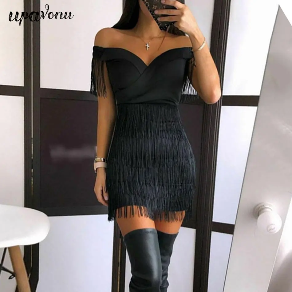 

Free Shipping Fringed Rayon Bandage Dress Women's Card Shoulder Short Sleeve Bodycon Fringed Dress Summer Sexy Club Party Dress