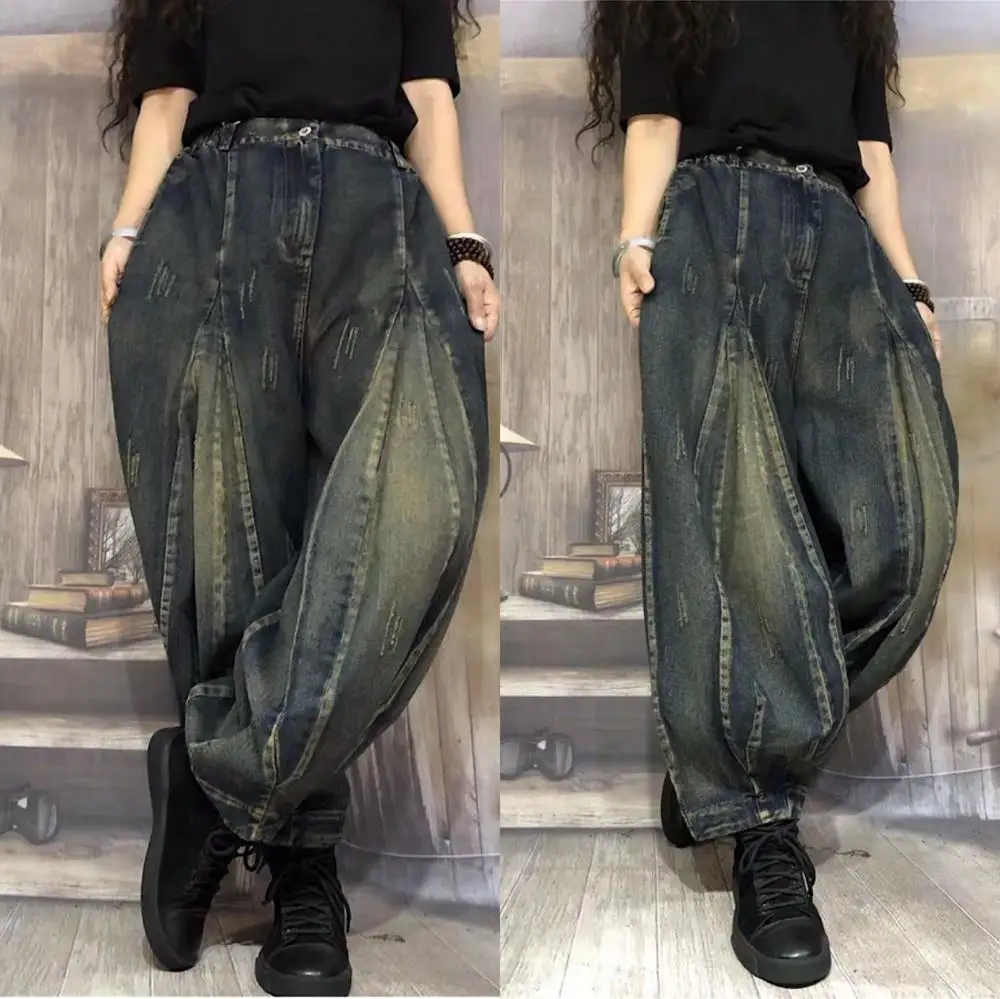 Осенние и зимние новые ретро старые джинсовые широкие брюки для женщин свободные