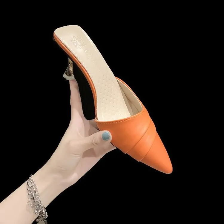 

Thin Heels Shoes Low Cover Toe Heeled Mules Loafers Woman's Slippers Slides High Pointed 2021 Rome Pumps Spring Rubber Basic PU