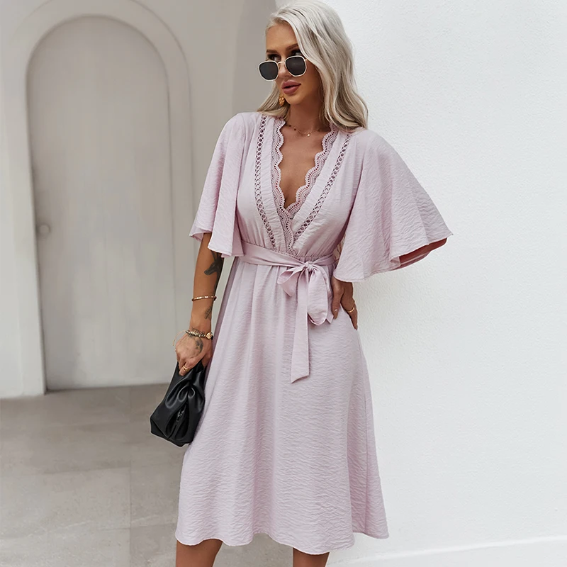 

Women Spring Summer Midi Dress Sexy Deep V-Neck Lace Edge Belt Slim Flare Sleeve Mid-Calf Skirt Vacation Home Wear Leisure Robe
