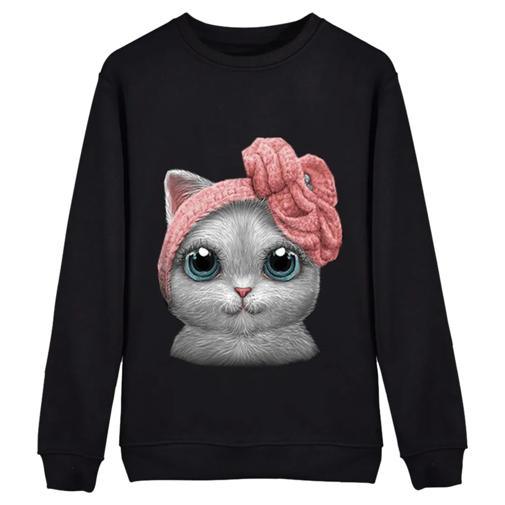 Женские свободные свитера с мультяшным котом Милые свитшоты длинными рукавами