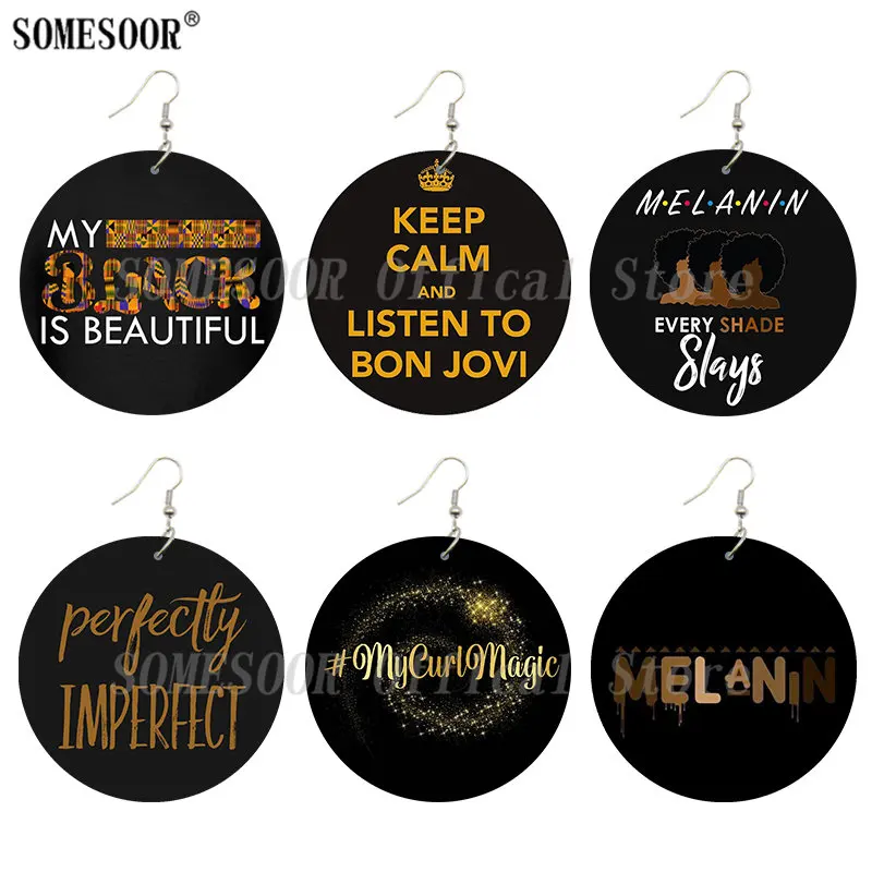 SOMESOOR двусторонние красивые черные деревянные серьги подвески с принтом меланина