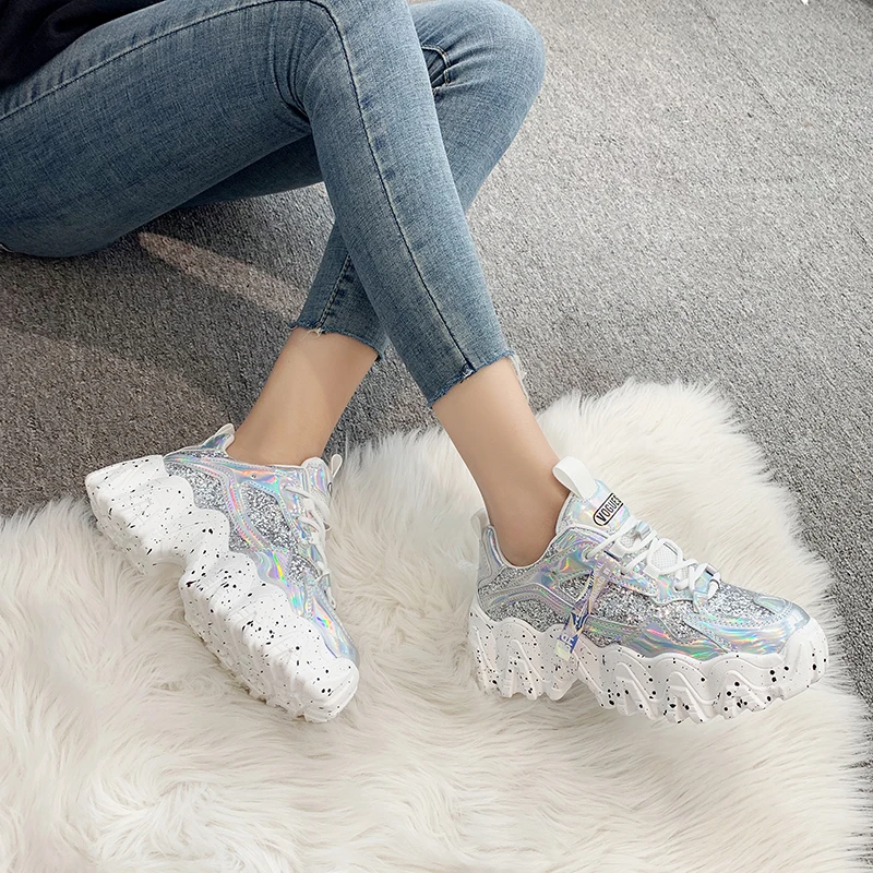 Женские кроссовки на платформе с массивным каблуком Блестящая спортивная обувь