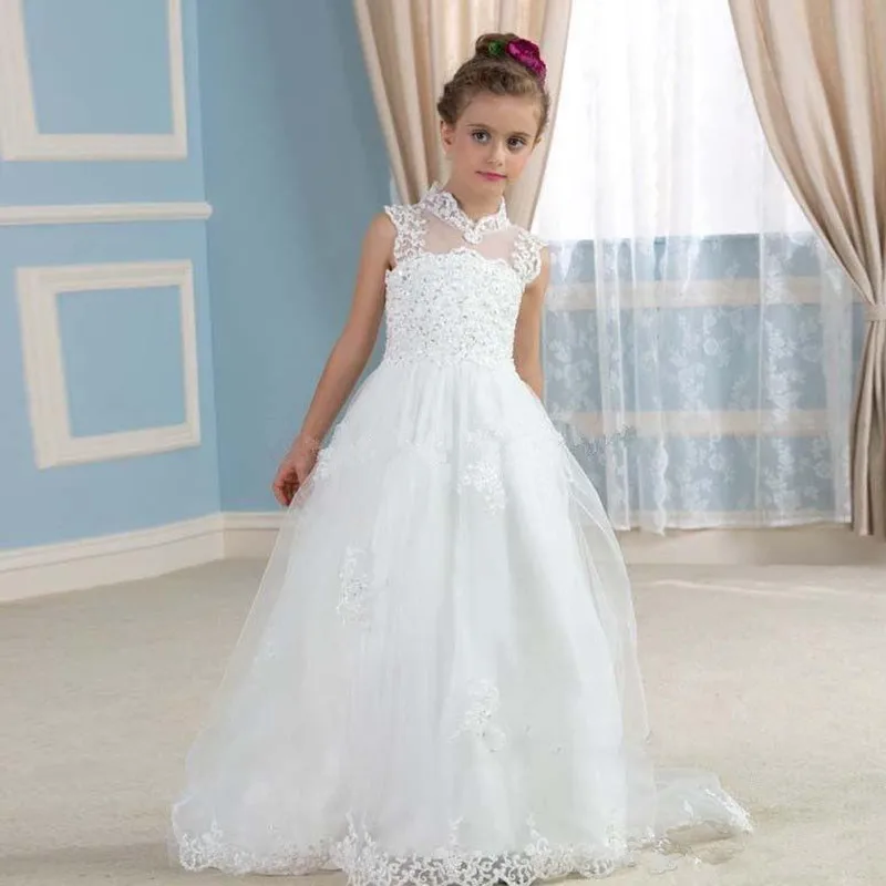 White Flower Girl Dress for Wedding High Neck First Communion Bridesmaid Party Gowns | Свадьбы и торжества