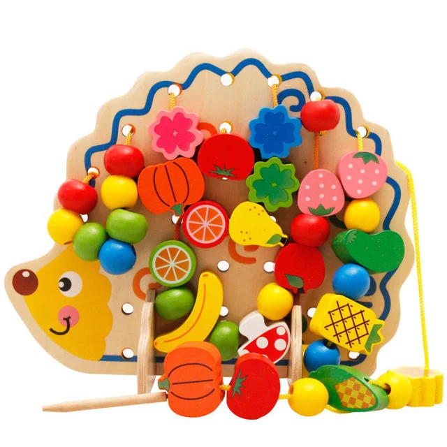 

Wooden Fruits Vegetables Lacing 82Pcs Stringing Beads Toys With Hedgehog Board Montessori Educational Toy Puzzle Toys Gift Kids