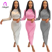 fitness women 2 piece set solid long sleeve crop top bodycon skirt matching set 2021 autumn activewear sexy club party outfits