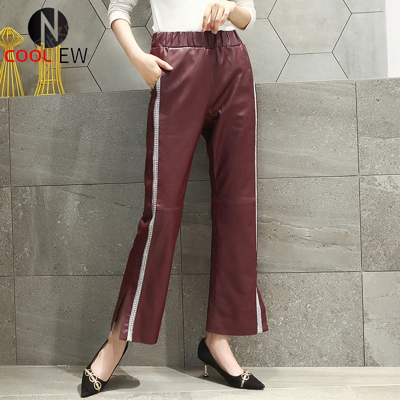 

Genuine Leather Flare Pants Women Autumn New Elegant Slim Office Ankle-Length Pants Street Diamonds Elastic Waist Loose Pants