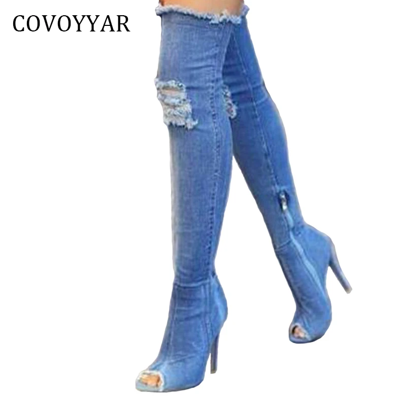 Covoyar/женские ботфорты выше колена с открытым носком Сезон весна осень Женские