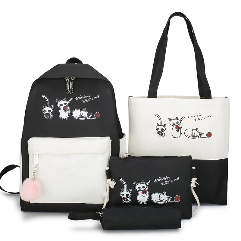 4Pcs/Set Travel Casual Oxford Letter Backpack Preppy Style Cute School Bags For Teenage Girls Women Cat Book Bag Rucksack Dame - Цвет: Black-P