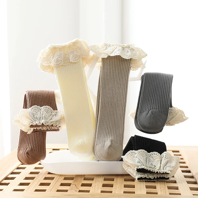 

Newborn Baby Girls Ruffles Knee-high Socks Fashion Lace Socks for Toddler Kids Autumn Cotton Knitted Stockings Baby Girls
