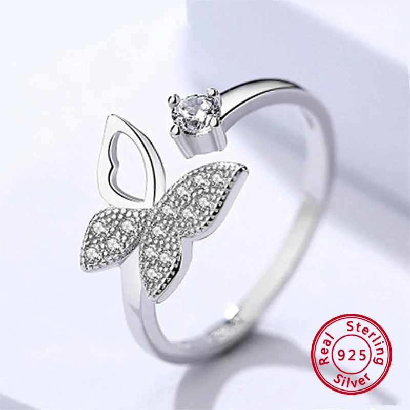 

2021 Charm Zircon Adjuestable Size Butterfly Ring Silver 925 Women Luxury Party Bands Jewelry Gifts