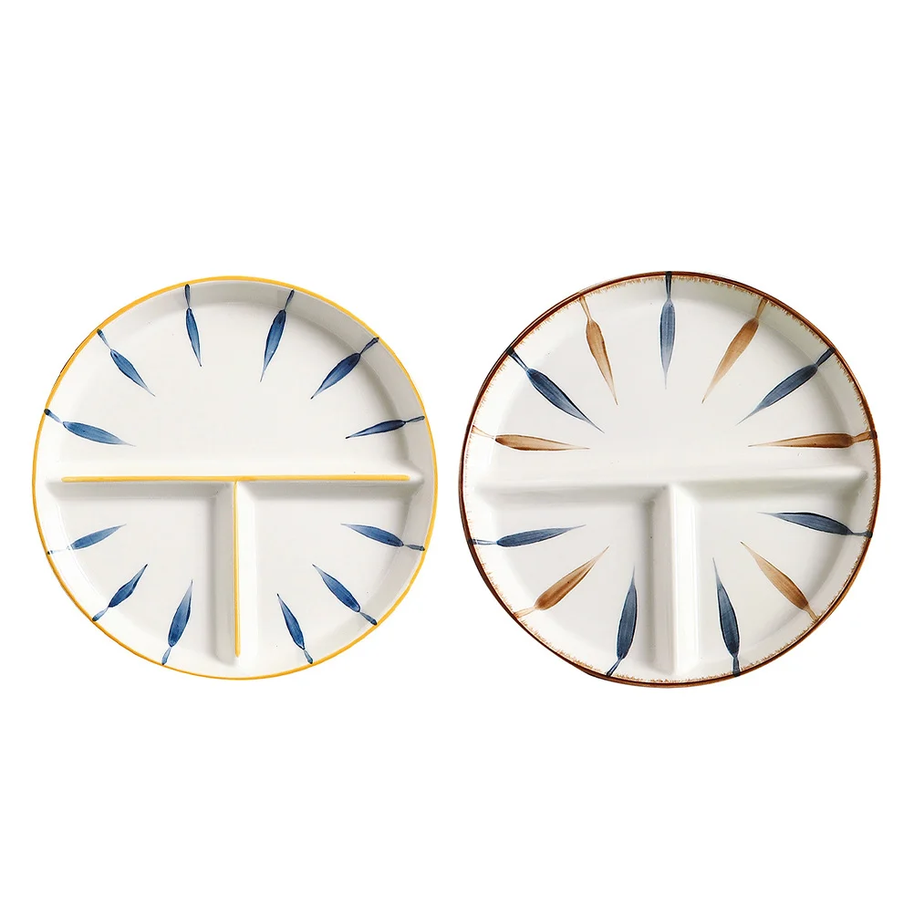 

2pcs Delicate Ceramic Breakfast Plate Three-grid Plate Quantitative Plate