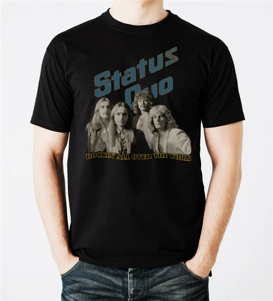 Status Quo Rock Band Rockin во всем мире Черная Мужская футболка с принтом Ретро круглым