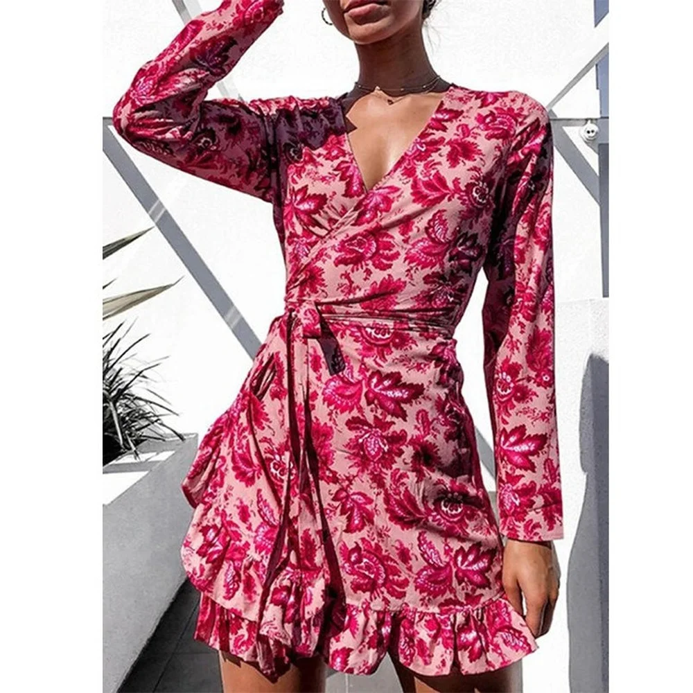 

Donsignet Fashion Women's Dress New Summer Casual V-neck Floral Print Irregular Ruffled Long-sleeved Dress Knitting Woman Dress