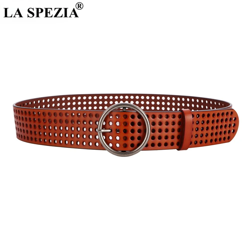 Red Ladies Belt for Dress Hollow Out Leather Wide Waist Belt Round Buckle Solid Red Brown Fashion Brand Women Belt