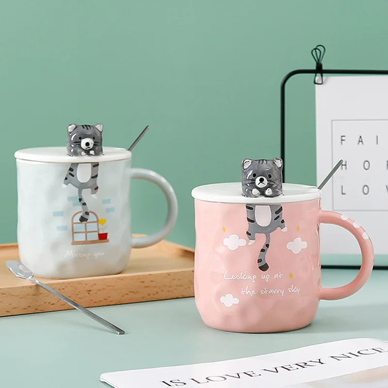 Creative Design Embossed Animal Mug with Lid Spoon Coffee Cute Cat Tea Cup Eco-friendly Drinkware | Дом и сад