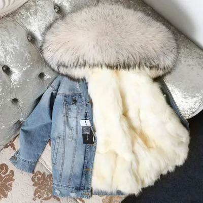 fox fur liner Мех лисы Подклад Деним куртка Пальто Парка Воротник мех енота Женщины Пальто Куртки Деним - Цвет: fox fur liner