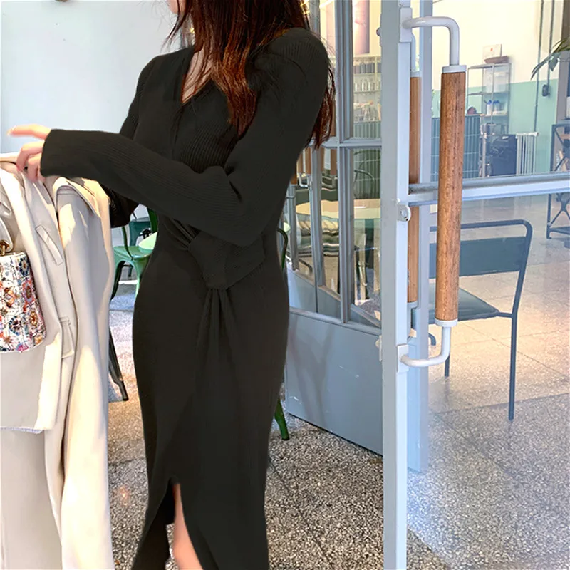 

Winter Elegant Knitted Dress Women Casual Long Sleeve V-Neck Office Sweater Dress Female 2020 Sexy Slim One Piece Dress Korean