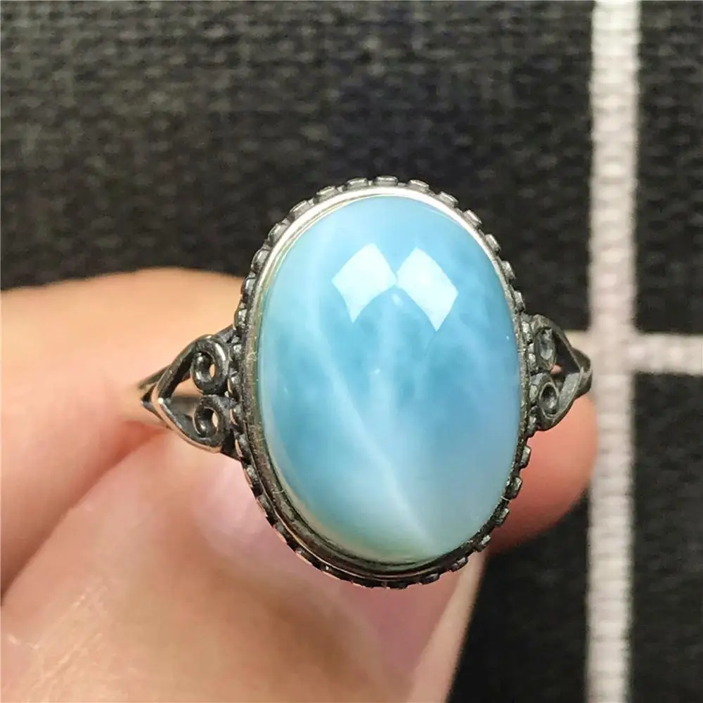 

15x11mm Top Natural Blue Larimar Ring Jewelry For Woman Man Crystal Water Pattern Stone Silver Sterling Adjustable Ring AAAAA