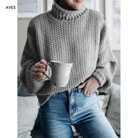 casual sweater women autumn long sleeve grey knitted pullover ladies turtleneck oversize sweater sky blue loose jumper 2022
