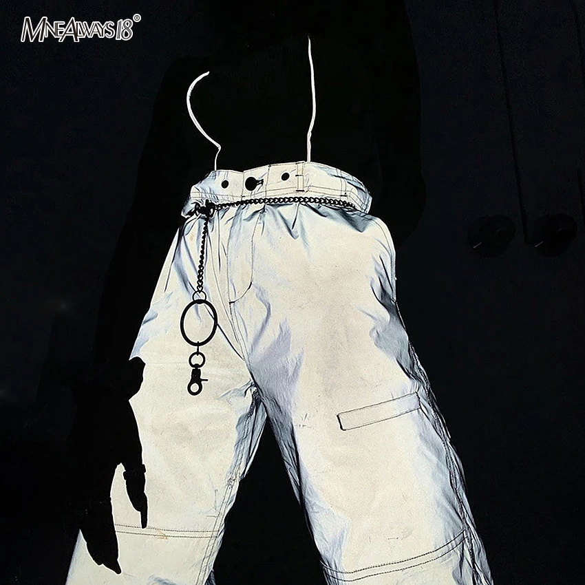 Mnealways18 2020 модные брюки женские с высокой талией Светоотражающие свободные