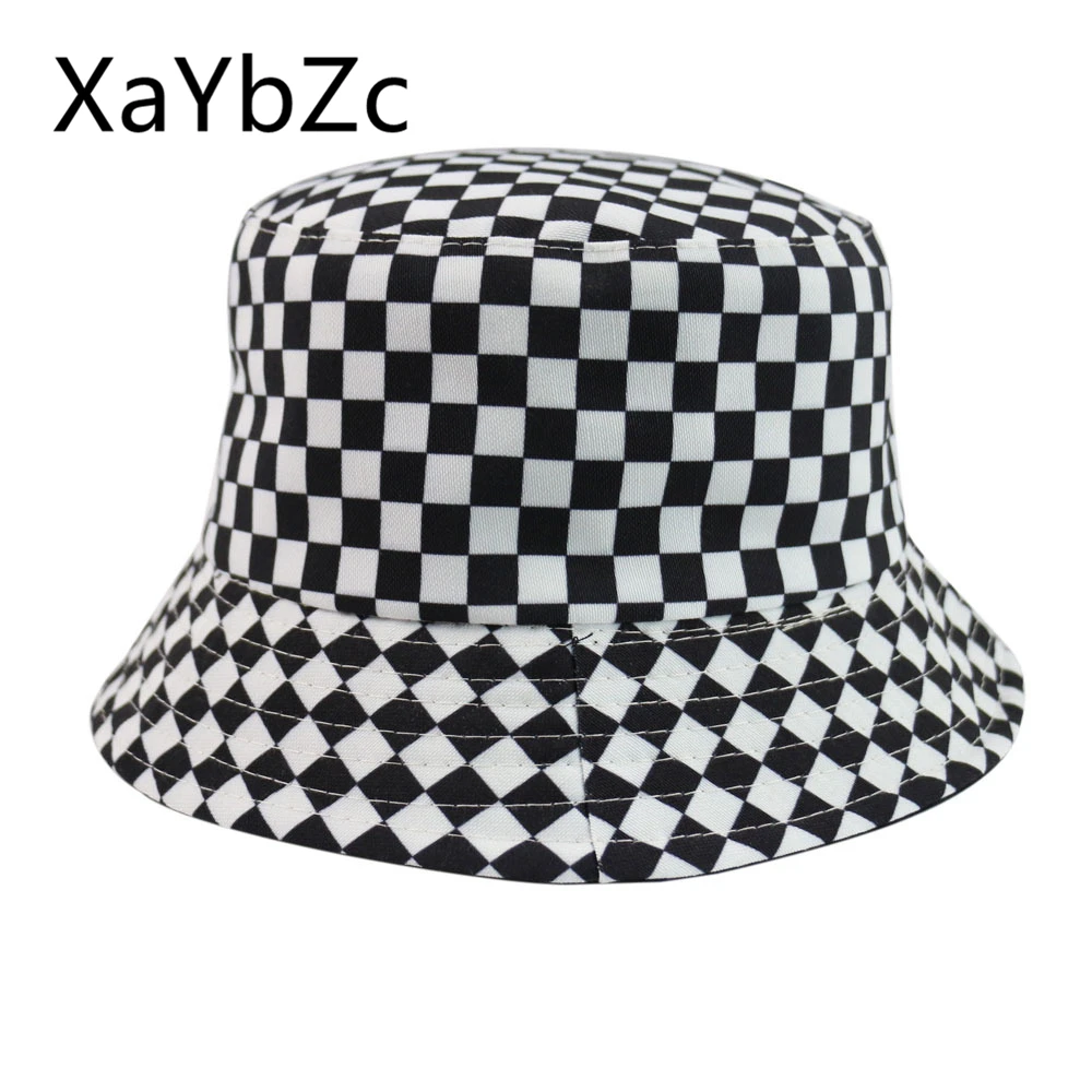 

XaYbZc New Black White Plaid Check Bucket Hats Fishing Caps Women Mens